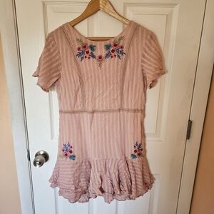 Rahi Cali Pink Floral 100% Cotton Embroidered Flutter Sleeve Hippie Mini Dress L